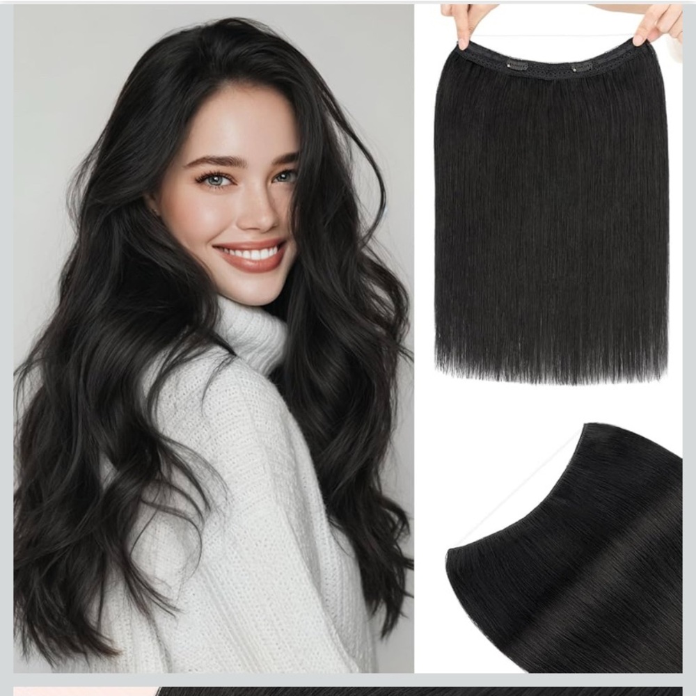 TESS Halo Ext Real Human Hair Remy 22” Straight Adj Inv Wire Clip in,Dark Black